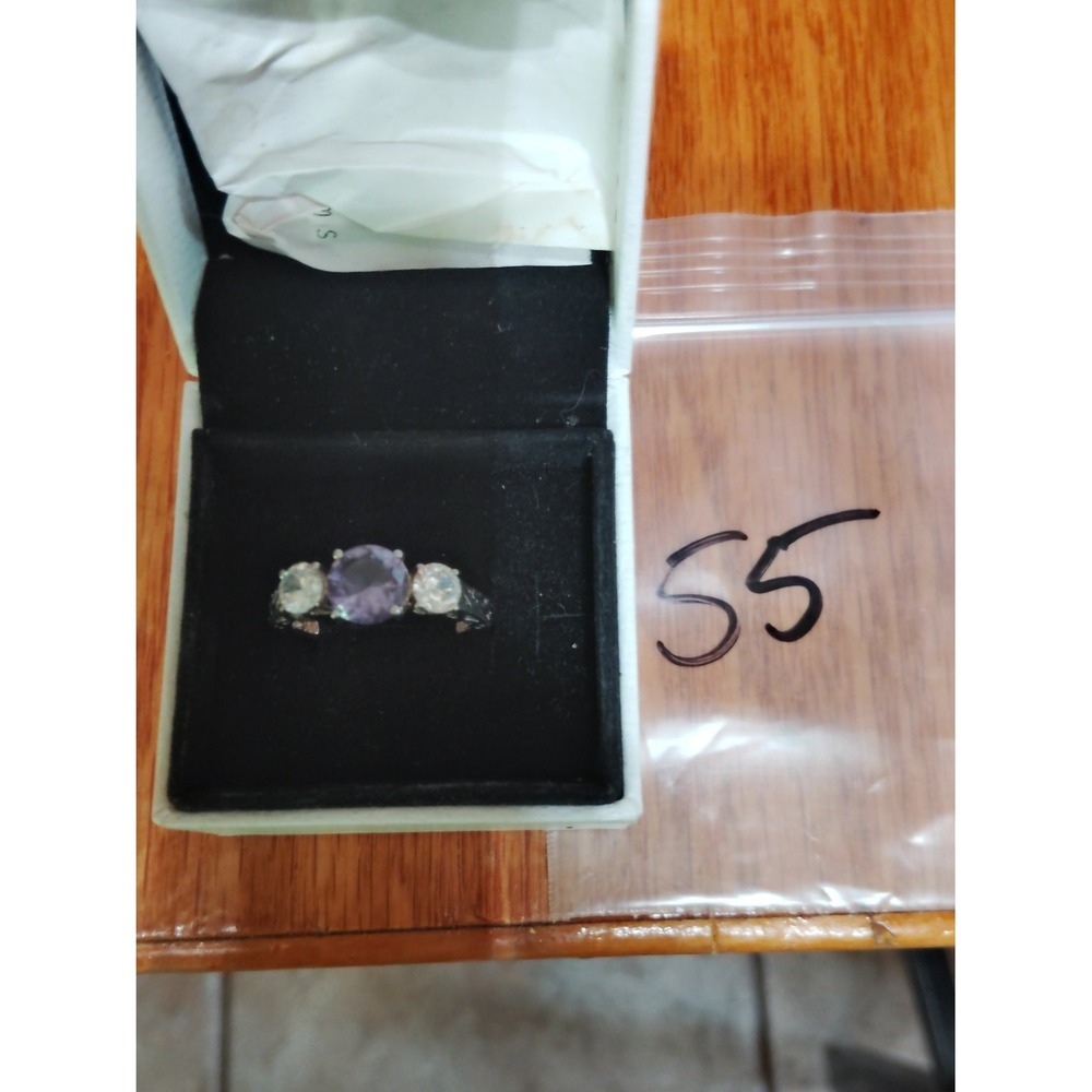 925 Purple Amethyst Color Three Stone CZ Filigree Ring Size 9.25 Womens